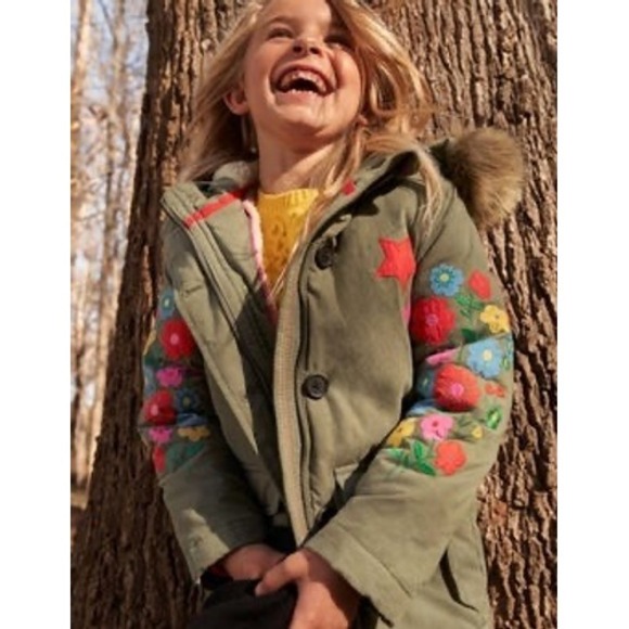 Mini Boden Girls‎ Embroidered Parka Coat Faux Fur Hood Fleece Lined 11-12Y - Picture 2 of 9